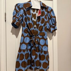 FARM Rio Anthropology Blue and Brown Polka Dot Dress Sz S new